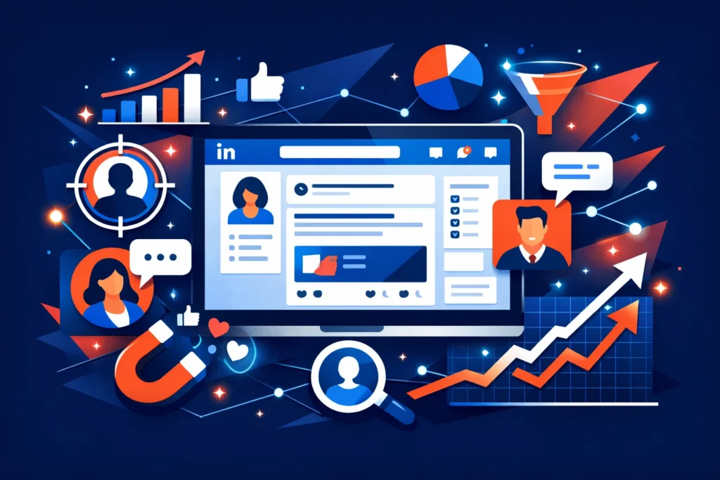 Premium flat vector illustration of LinkedIn marketing strategy with analytics dashboard and professional growth elements in bold blue and coral