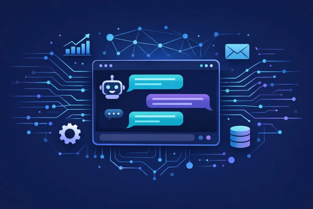 Vector illustration of AI chatbot interface with neural network and automation elements in blue and violet tones