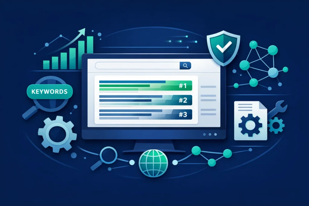 Vector illustration of search engine rankings with SEO performance elements and growth analytics