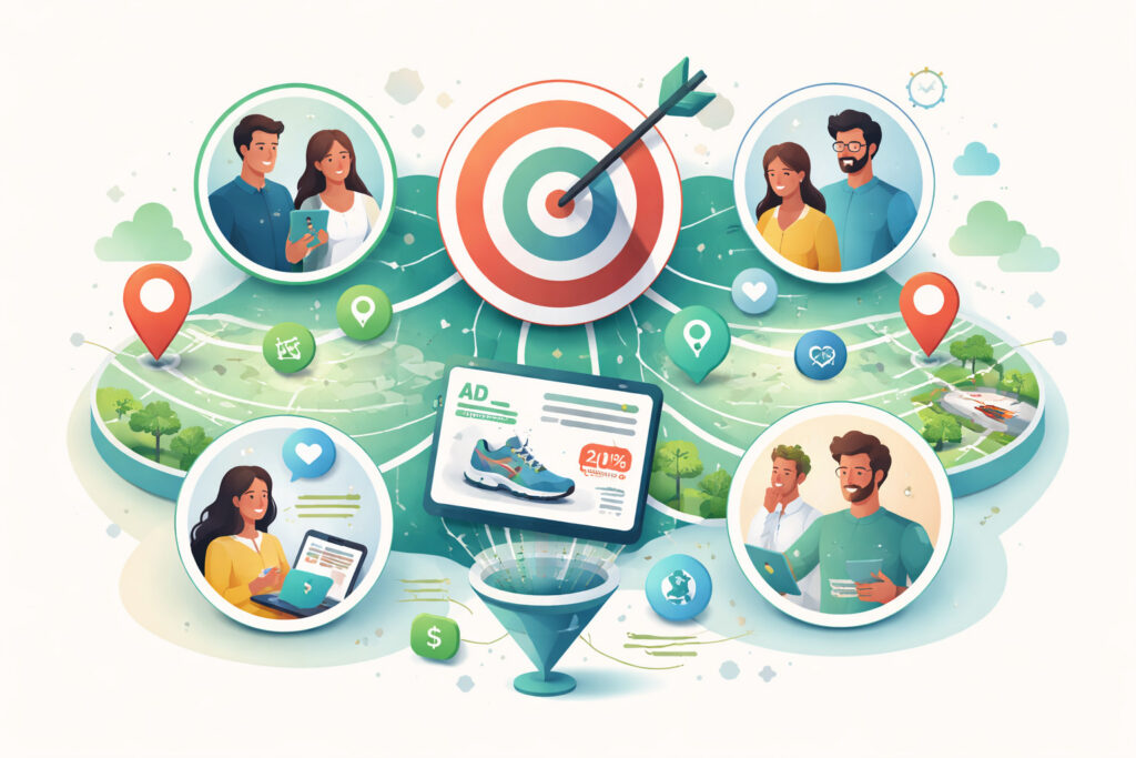 Editorial-style illustration of PPC audience targeting with a central target icon, segmented audience groups, local map elements, and a personalized ad flow showing how targeted messaging improves relevance and conversions.