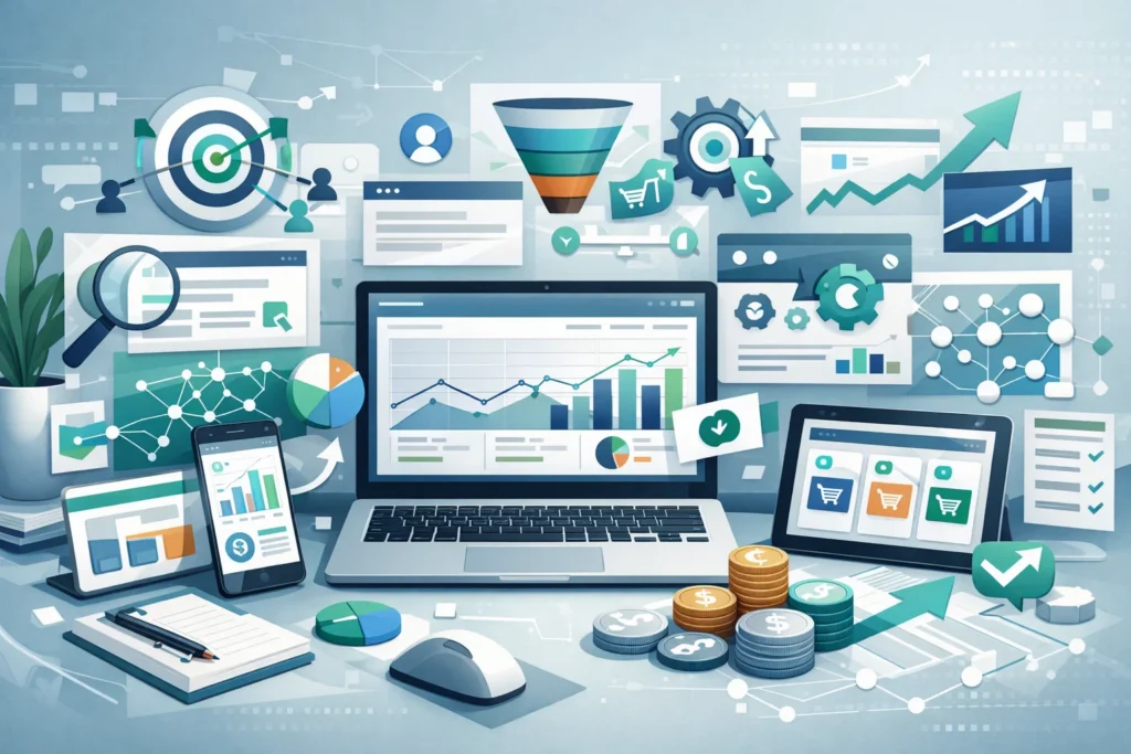 Illustration of a digital marketing workspace with a laptop showing PPC campaign analytics, keyword targeting, ad performance dashboards, conversion funnels, and ROI charts surrounded by layered strategy and optimization elements.