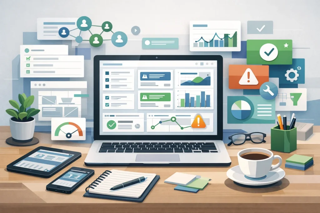 Illustration of a digital marketing workspace with a laptop showing Google Ads setup checklists, campaign dashboards, targeting settings, conversion tracking, performance reports, and optimization tools surrounded by layered management and troubleshooting elements.