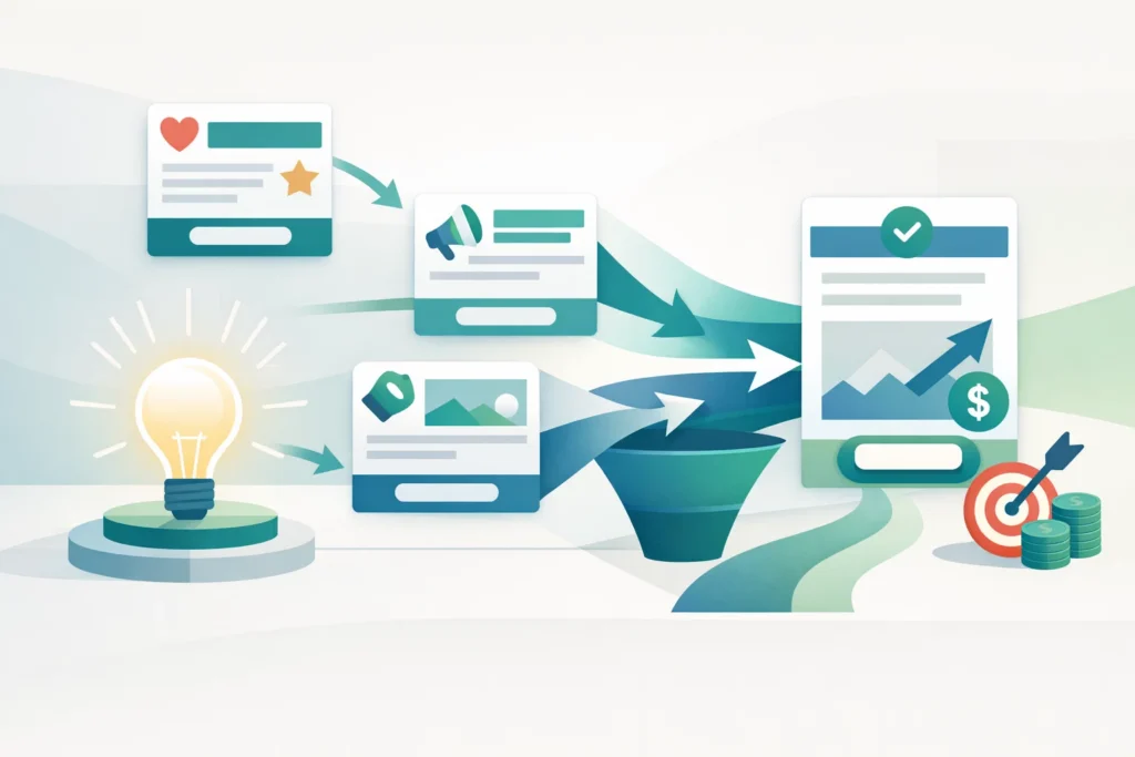 Editorial-style illustration of ad copy refinement shown through layered headline blocks, CTA panels, testing branches, persuasion cues, and conversion paths that turn generic messaging into stronger, higher-converting paid ads.