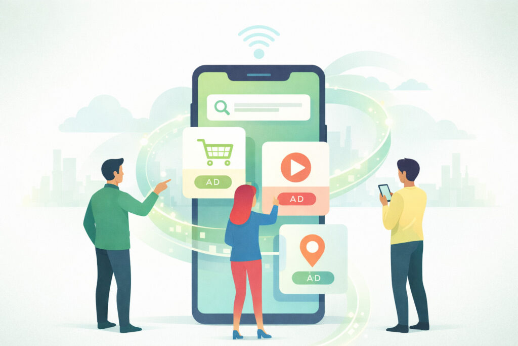 Editorial illustration of a smartphone with structured PPC content tiles and three stylized figures representing mobile search, in-app engagement, and platform-specific advertising.