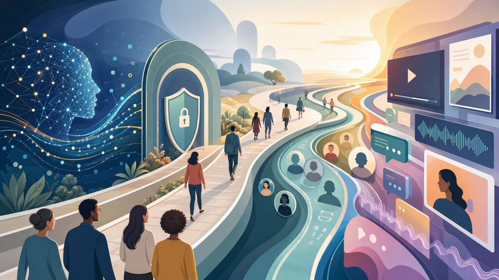Editorial illustration showing major forces shaping the future of digital marketing, including AI, privacy, search, and customer behavior.