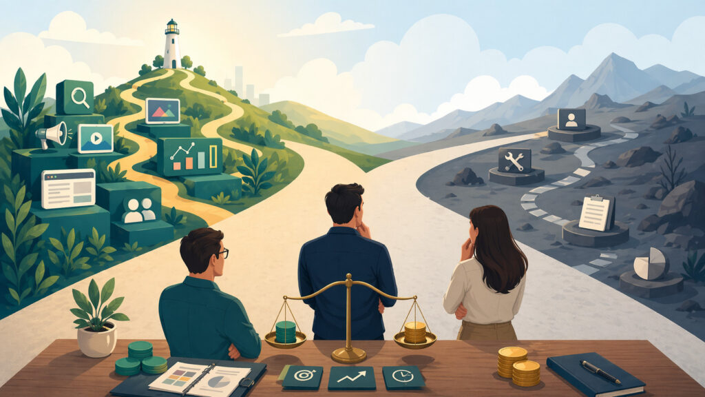 Editorial illustration showing a business comparing digital marketing agency support, freelancer options, costs, and expected return.