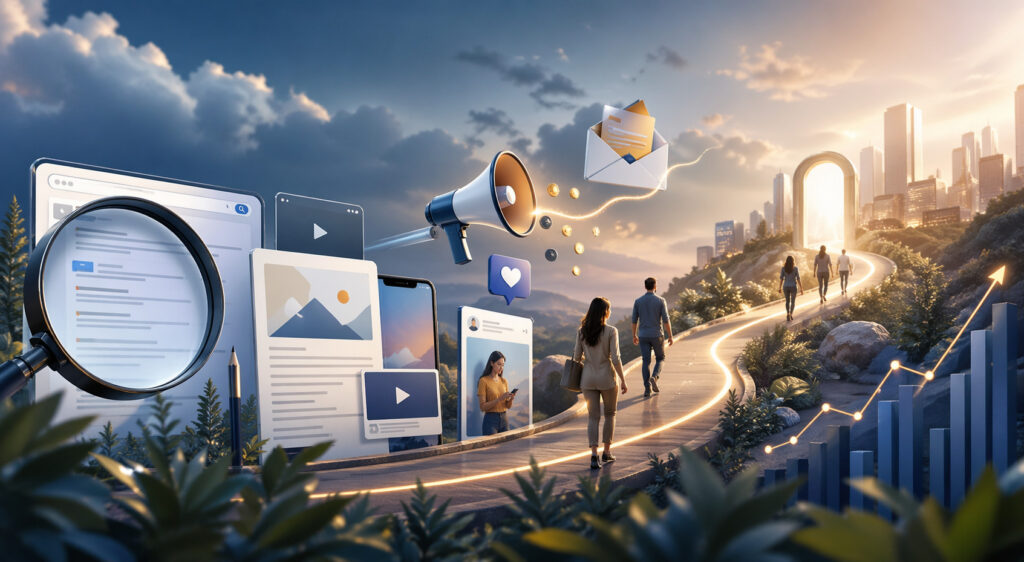 Editorial-style digital marketing image showing search, content, paid media, social channels, email, analytics, and customer growth working together in one connected strategy.Editorial-style digital marketing image showing search, content, paid media, social channels, email, analytics, and customer growth working together in one connected strategy.