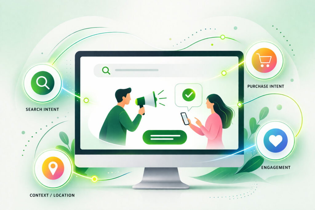 Clean editorial illustration of a digital screen showing a brand and user interaction, with minimal icons representing real-time intent and micro-moments in paid advertising.