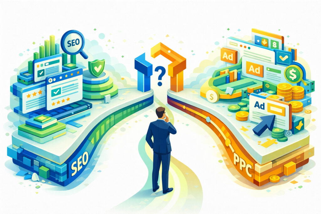 Editorial illustration of a businessman standing at a crossroads between SEO and PPC pathways, analyzing two search strategy options represented by organic growth elements and paid advertising signals leading toward a central decision point.