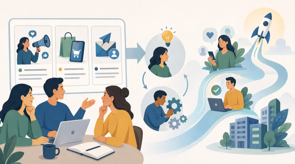 Editorial illustration showing businesses learning from digital marketing case studies, campaign results, and transformation insights.
