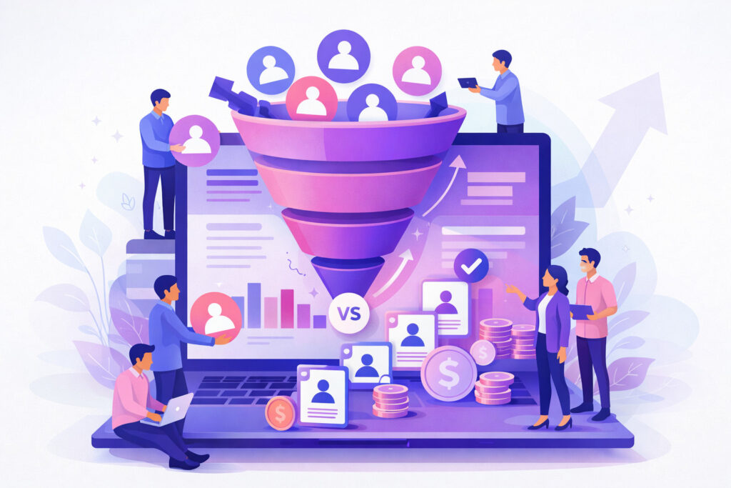 Editorial illustration of a digital lead generation funnel with business figures guiding audience signals into qualified leads and pipeline growth.
