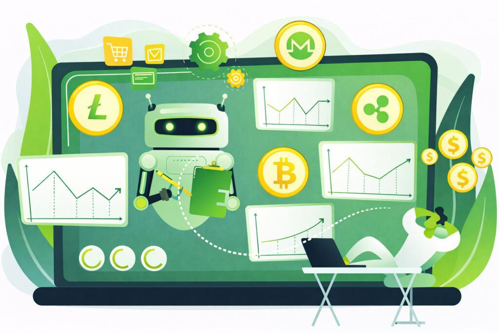Editorial-style illustration of PPC automation with a central AI robot, campaign charts, bidding symbols, floating coin icons, and optimization visuals in dominant green, neon green, white, and gray with yellow accents for contrast.