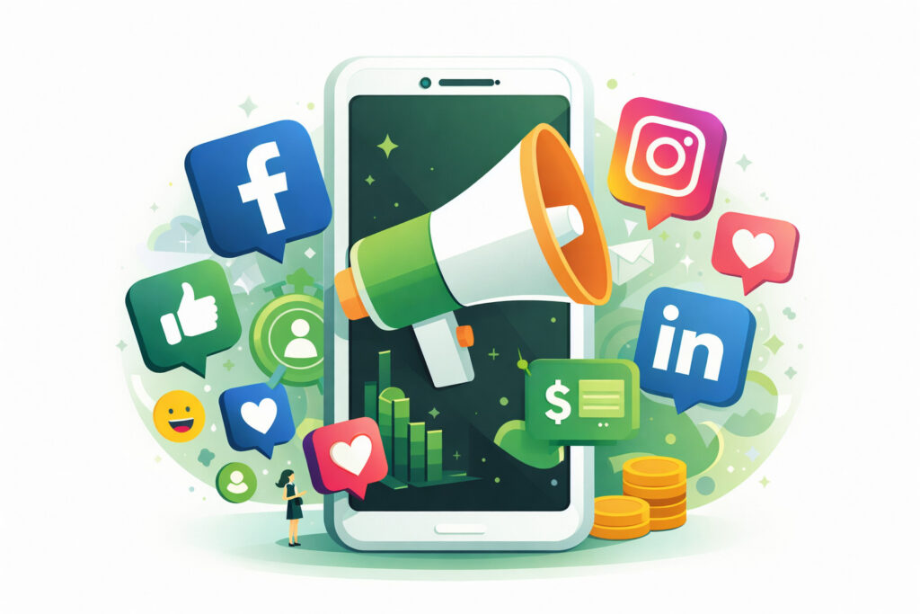 Paid social ads illustration featuring a smartphone with a megaphone, surrounded by Facebook, Instagram, and LinkedIn engagement icons, ad spend cues, and lead generation elements.