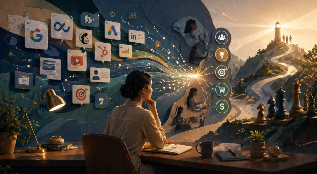 Editorial-style digital marketing tools image showing software, analytics, and data signals supporting clearer decisions and more focused business growth.