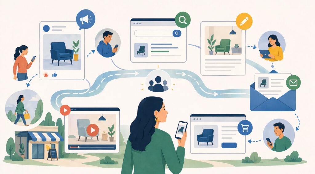 Editorial illustration showing cross-channel marketing with search, ads, content, email, and customer touchpoints working together.