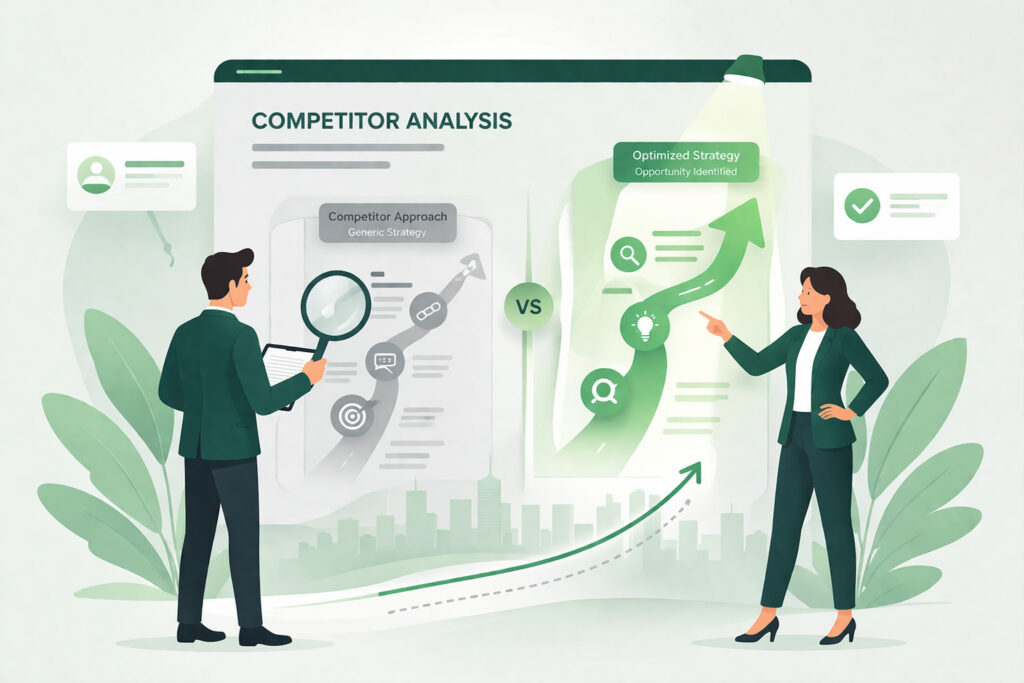 Editorial illustration of two business professionals analyzing and comparing strategies using a simplified digital panel with structured pathways.