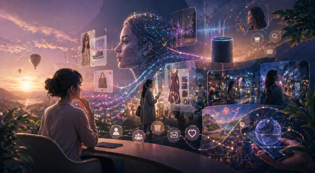 Editorial-style AI marketing image showing machine learning, voice interfaces, augmented reality, and emerging technologies shaping digital marketing strategy.