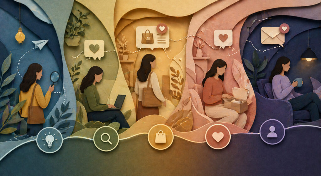 Editorial-style illustration of the customer journey shown as changing stages, with personalized experiences and lifecycle marketing moments across each phase.