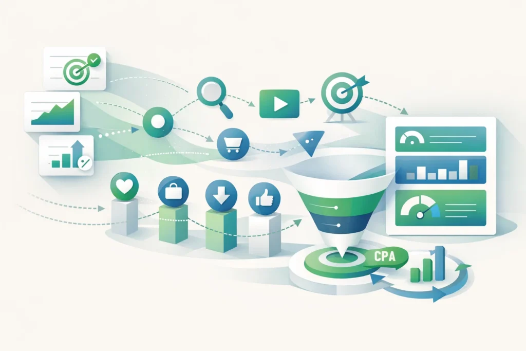 Editorial-style illustration of PPC measurement and attribution with conversion paths, reporting blocks, target CPA indicators, and campaign effectiveness signals showing how paid search performance is tracked and evaluated.