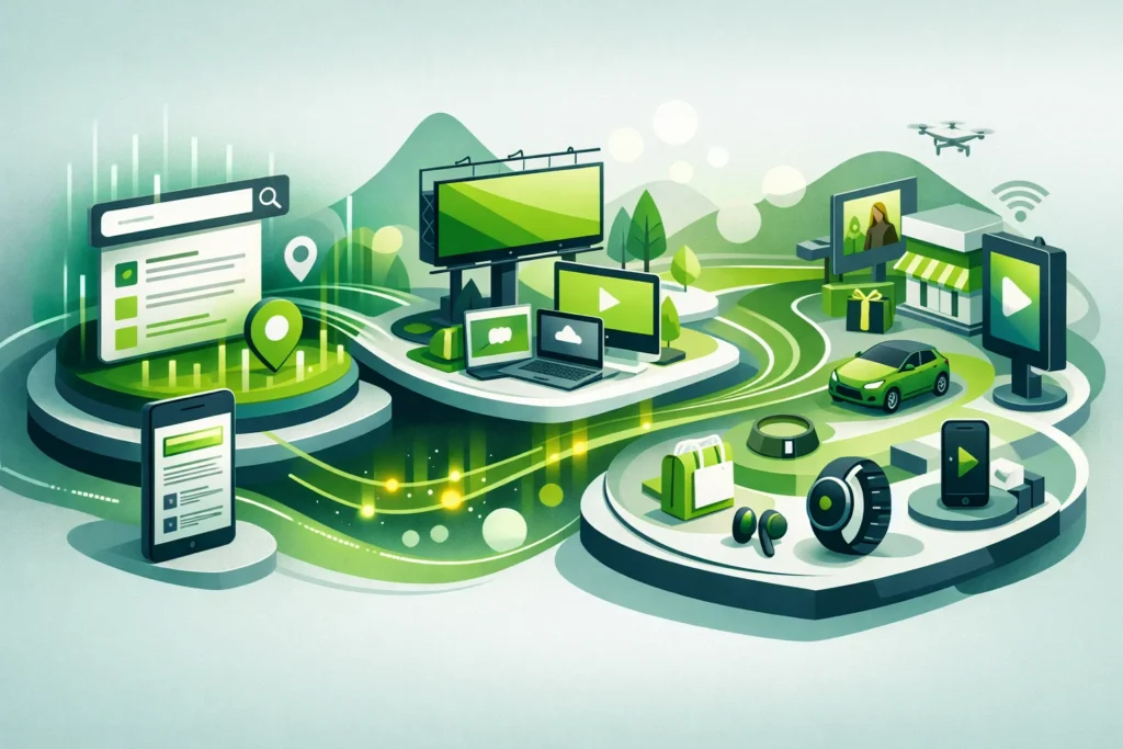 Editorial-style illustration of search, display, and omnichannel paid media shown as connected channel layers with intent signals, display surfaces, emerging platform nodes, and coordinated pathways for budget and audience strategy.