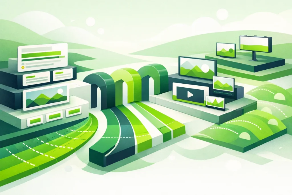 Editorial-style illustration of Google Ads features and formats shown as modular asset tiles, responsive ad surfaces, match-type paths, and display-reach layers working together in a structured campaign system.
