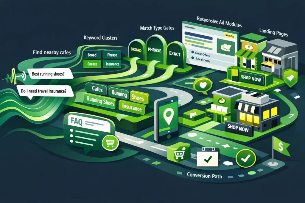 Editorial illustration of spoken search queries flowing through keyword clusters, ad pathways, and landing page destinations in a voice search PPC system.