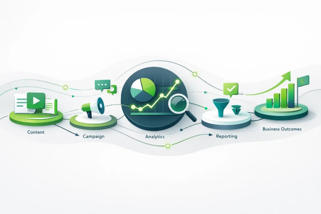 image showing a connected marketing performance measurement system with content, campaign data, analytics signals, and ROI pathways.