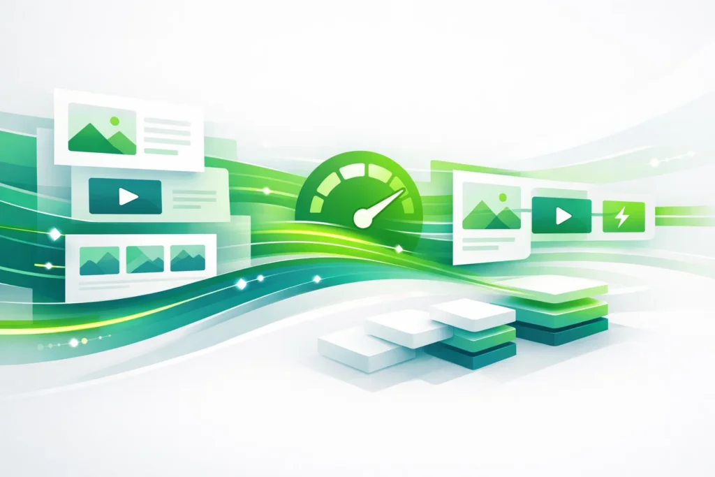 image showing website performance optimization through streamlined assets, faster delivery pathways, and responsive page elements.
