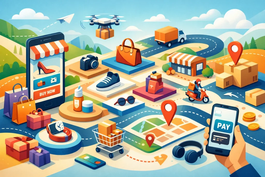 Editorial illustration showing the journey of an ecommerce business from online storefront setup to customer checkout, packaging, and delivery. Featured image of a digital marketplace ecosystem with product