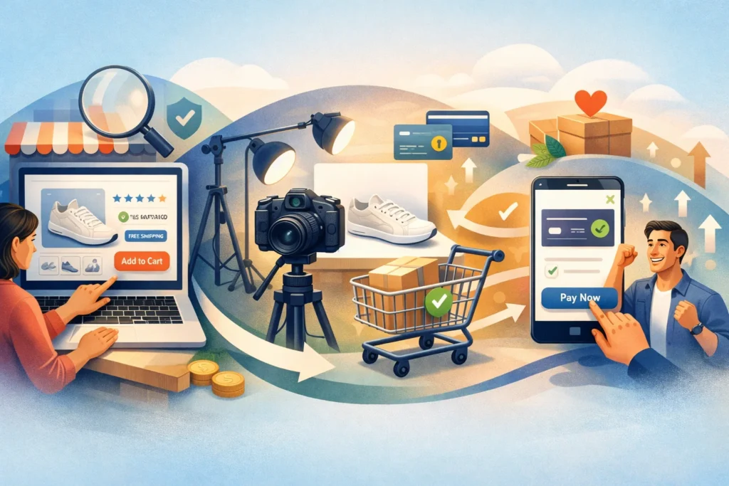 Editorial-style ecommerce conversion image showing product pages, trust signals, cart flow, checkout improvements, and stronger online sales.