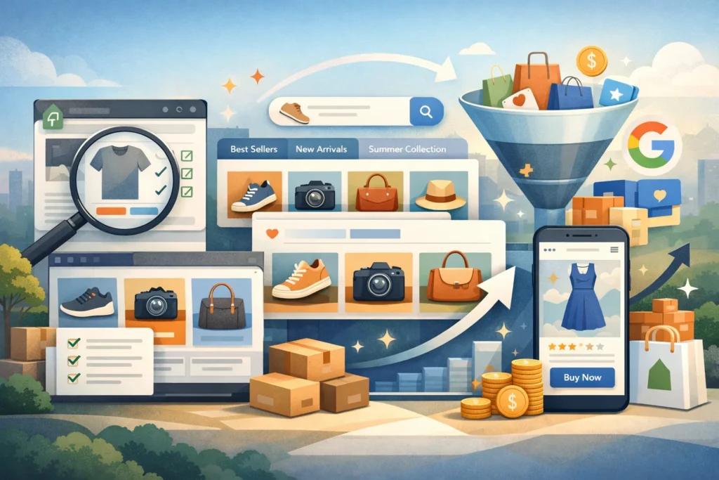 Editorial-style Shopify optimization image showing store auditing, search visibility, product organization, and ecommerce growth improvements.